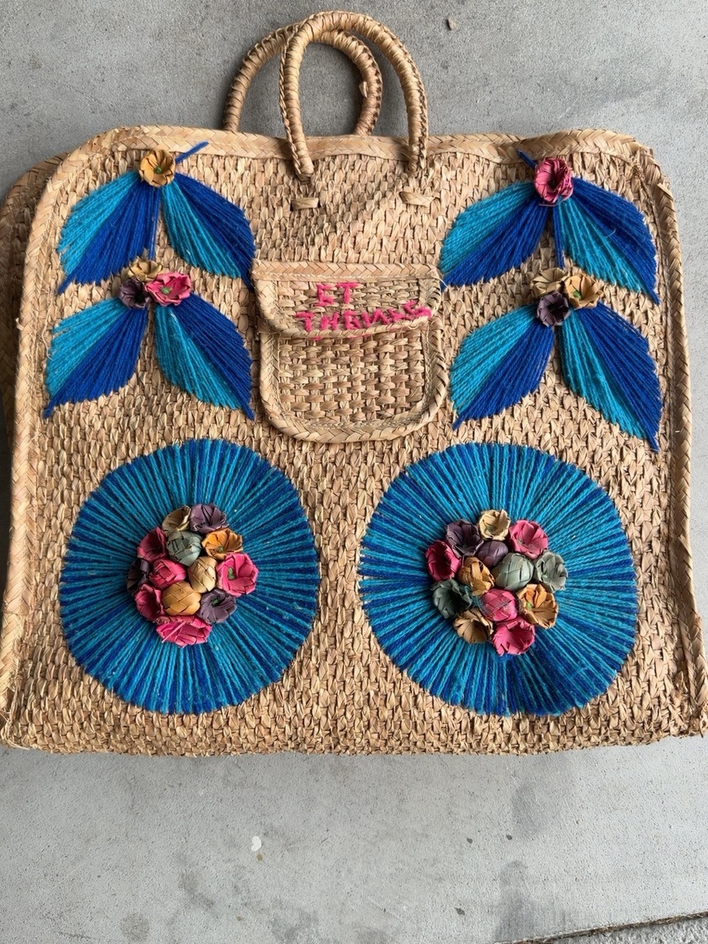 Vintage St Thomas Woven Straw Raffia Travel Tote Bag Floral Boho Souvenir